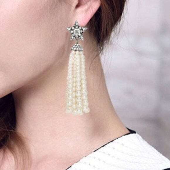 Crystal Faux Pearl Tassel Drop Earrings - Picture 3 of 3